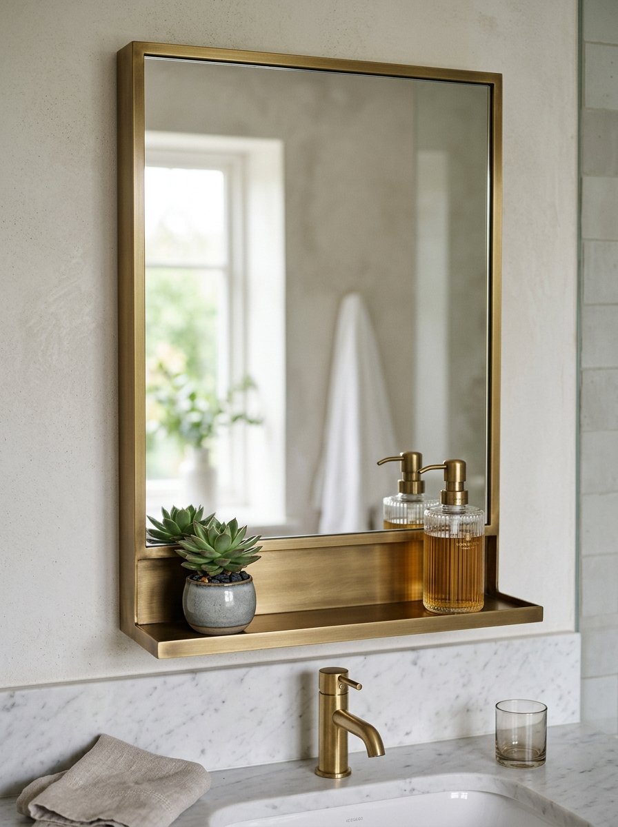A rectangular brass-framed wall mirror featuring a built-in shelf holding a small succulent and a glass soap dispenser.