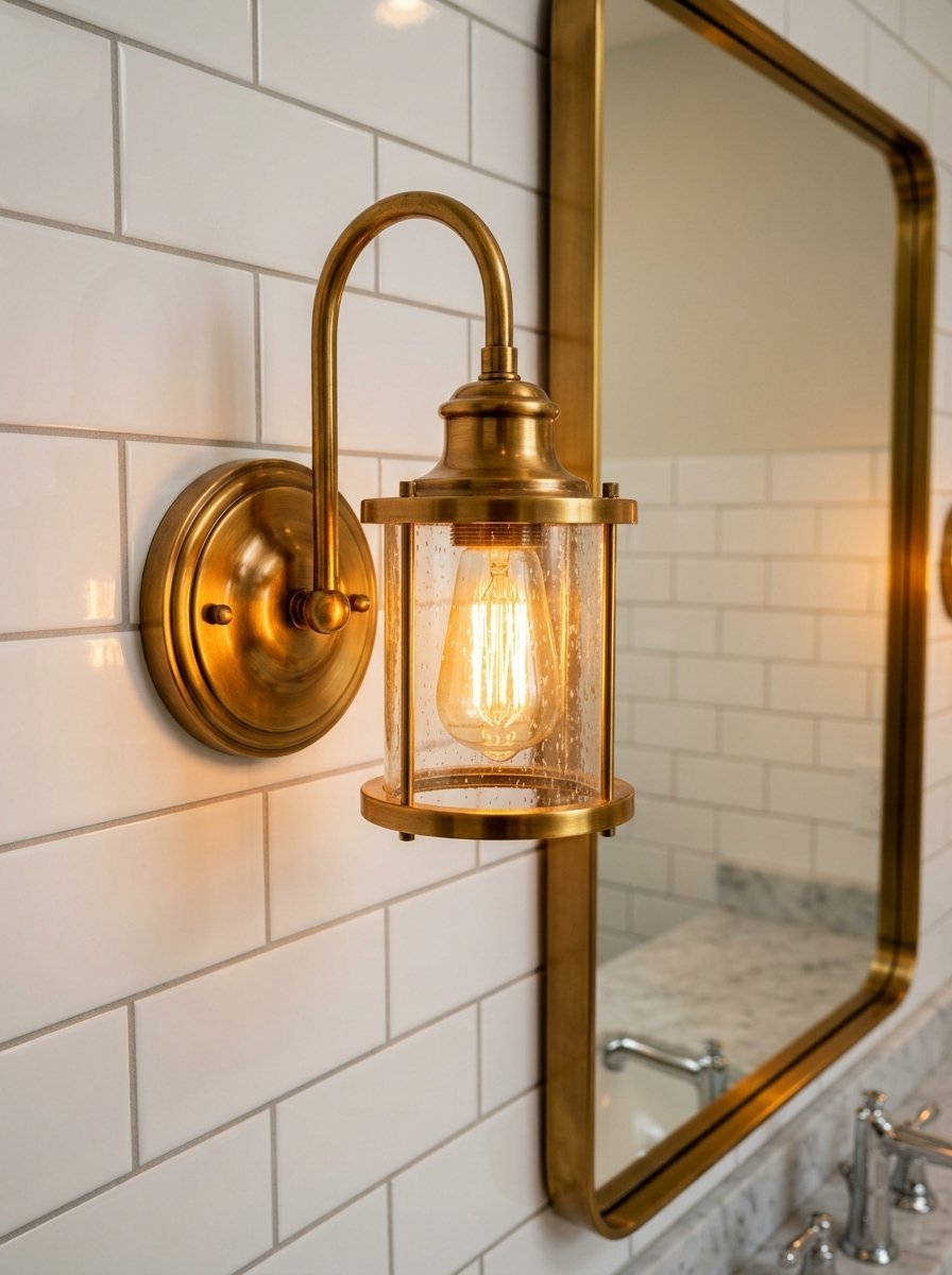 Close-up of a warm glowing brass sconce with a seeded glass shade mounted on a tiled bathroom wall.
