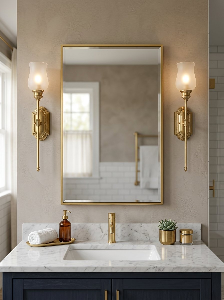 A bathroom vanity featuring a brass mirror with matching sconces above a white marble countertop and navy cabinet.