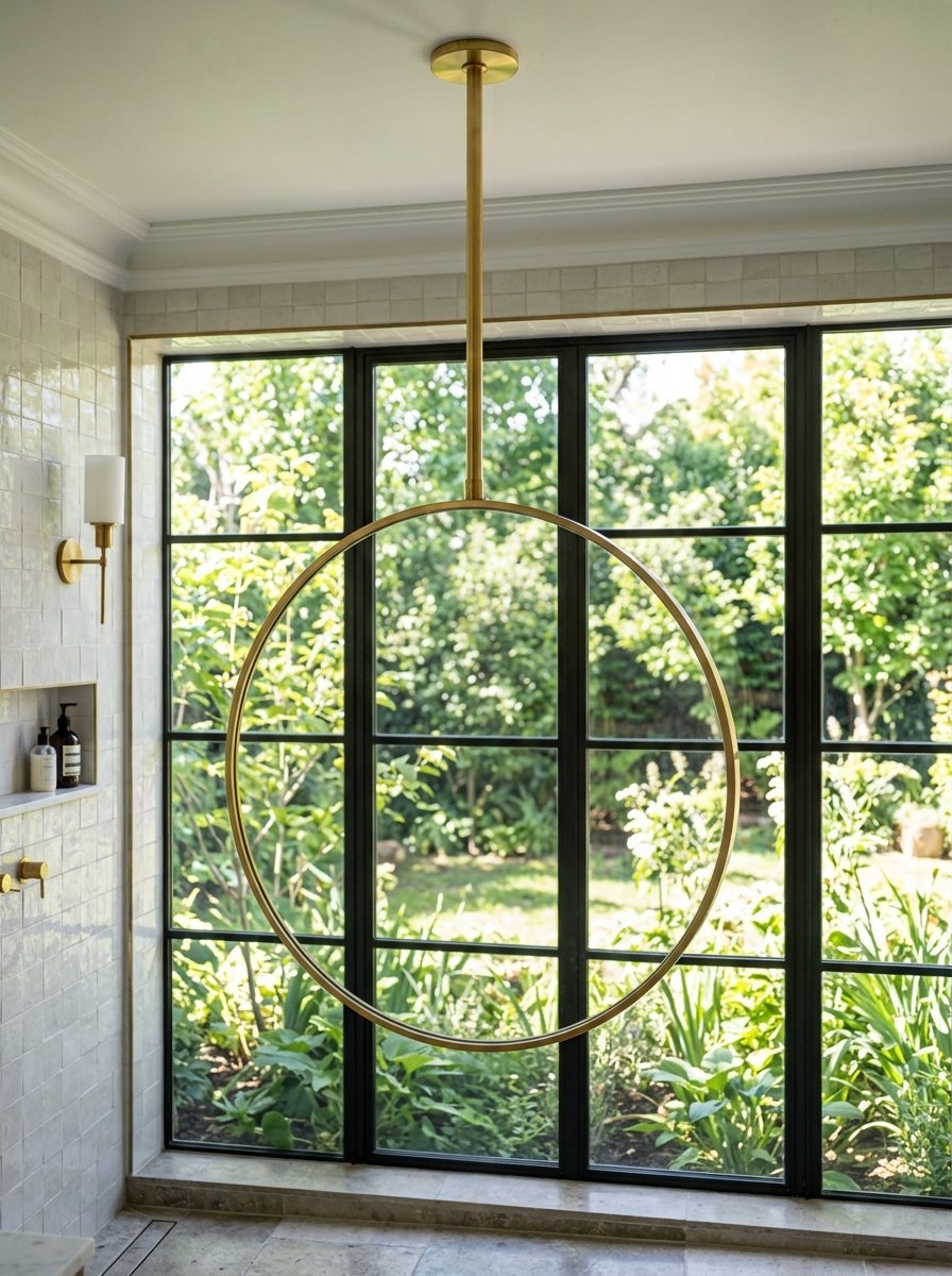 A sleek brass circular pendant lamp suspended in front of large black-framed windows overlooking a lush garden.
