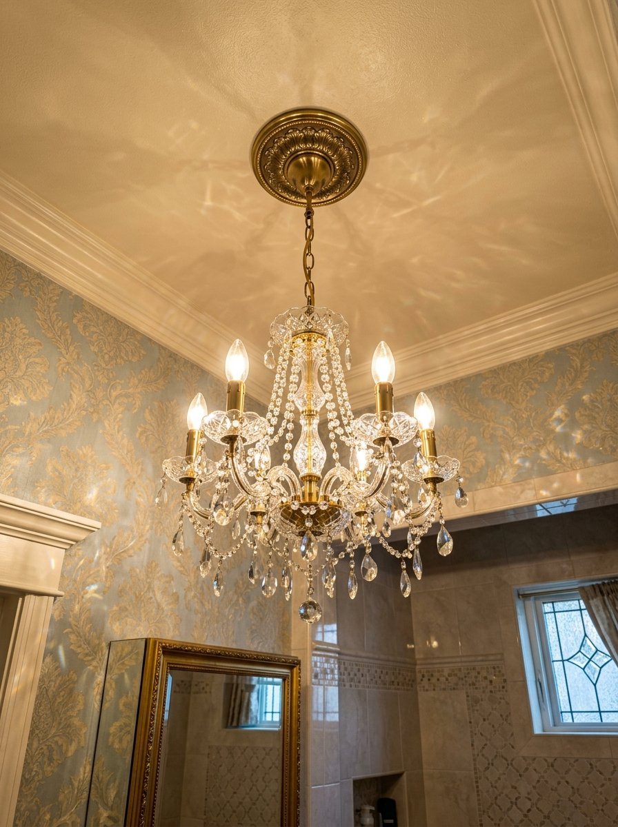 A lit crystal chandelier with brass accents hanging from a decorative ceiling medallion in a wallpapered room.