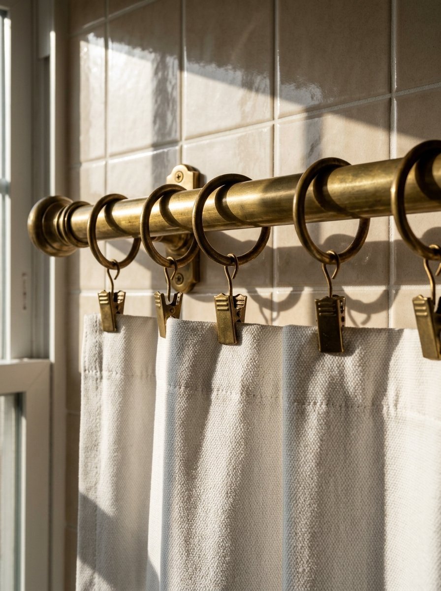 Close up of a rustic brass curtain rod with circular rings and metal clips holding up white linen fabric.