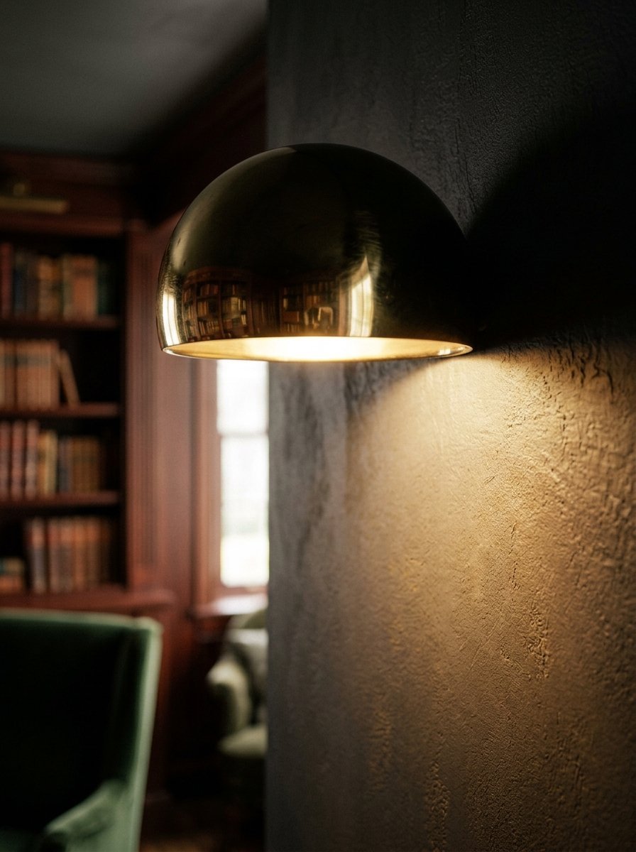 Close up of a metallic hemispherical lamp mounted on a dark textured wall inside a study.