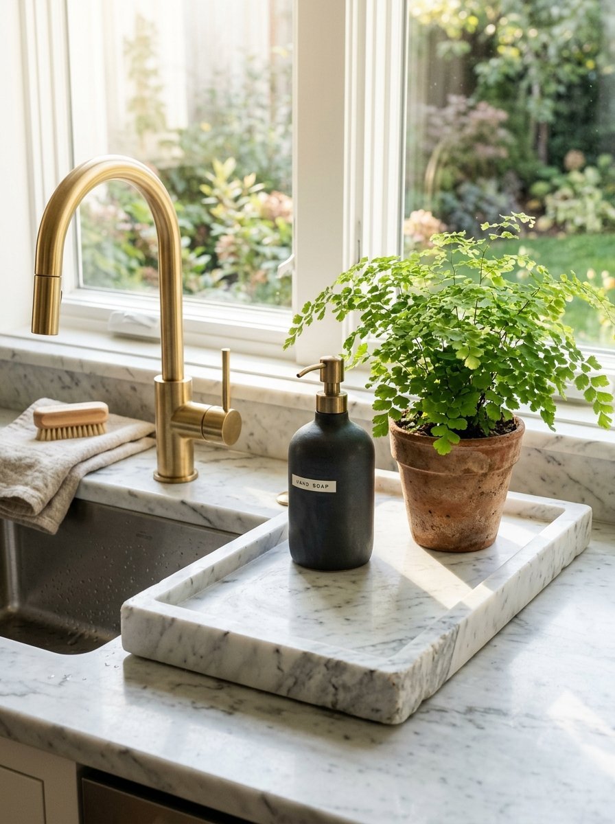 A brass faucet, black soap dispenser, and small potted plant sit on a marble tray by a sunlit kitchen window.
