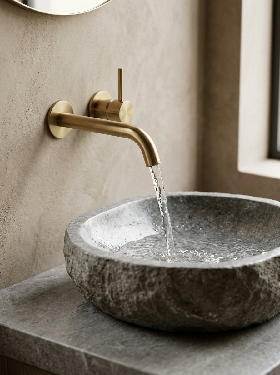 Water flows from a sleek gold-toned wall tap into a textured grey natural stone washbasin.