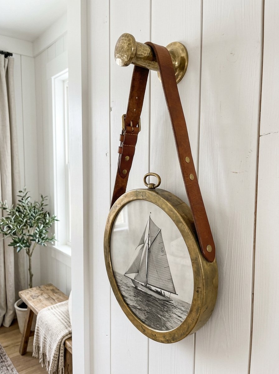 Round nautical brass frame with a sailboat photo hanging from a leather belt on a white wood wall.