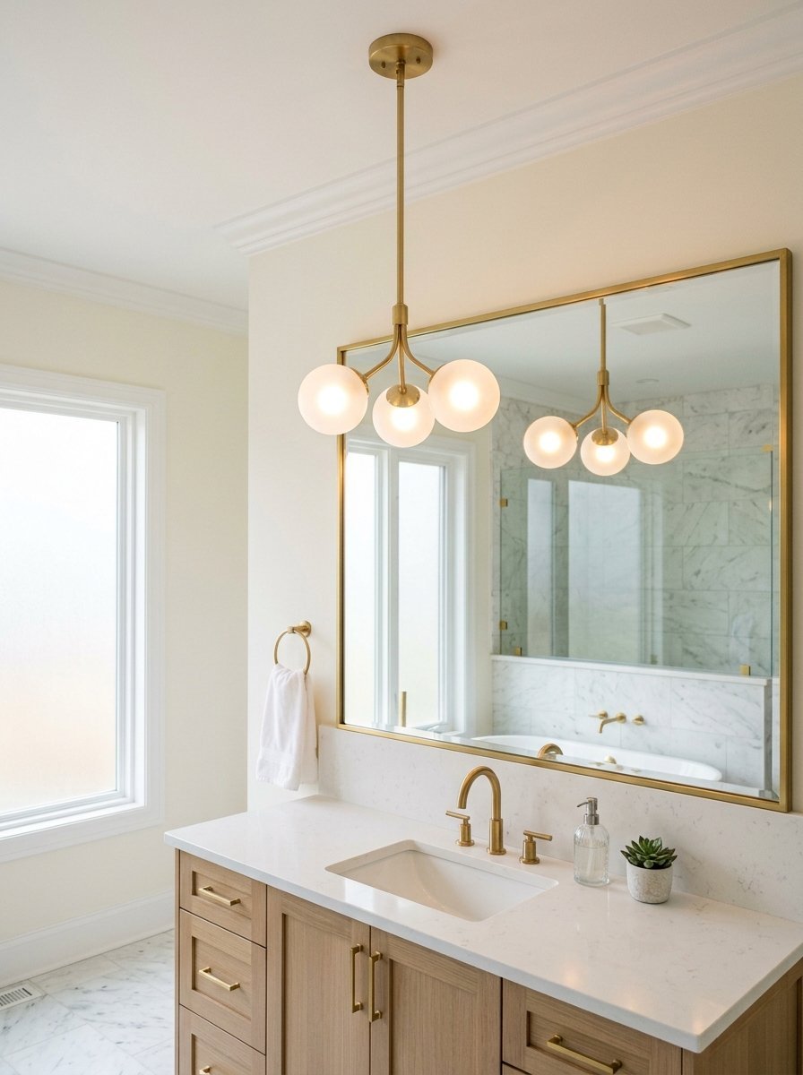 A warm gold light fixture with three frosted glass spheres illuminates a white marble bathroom vanity.