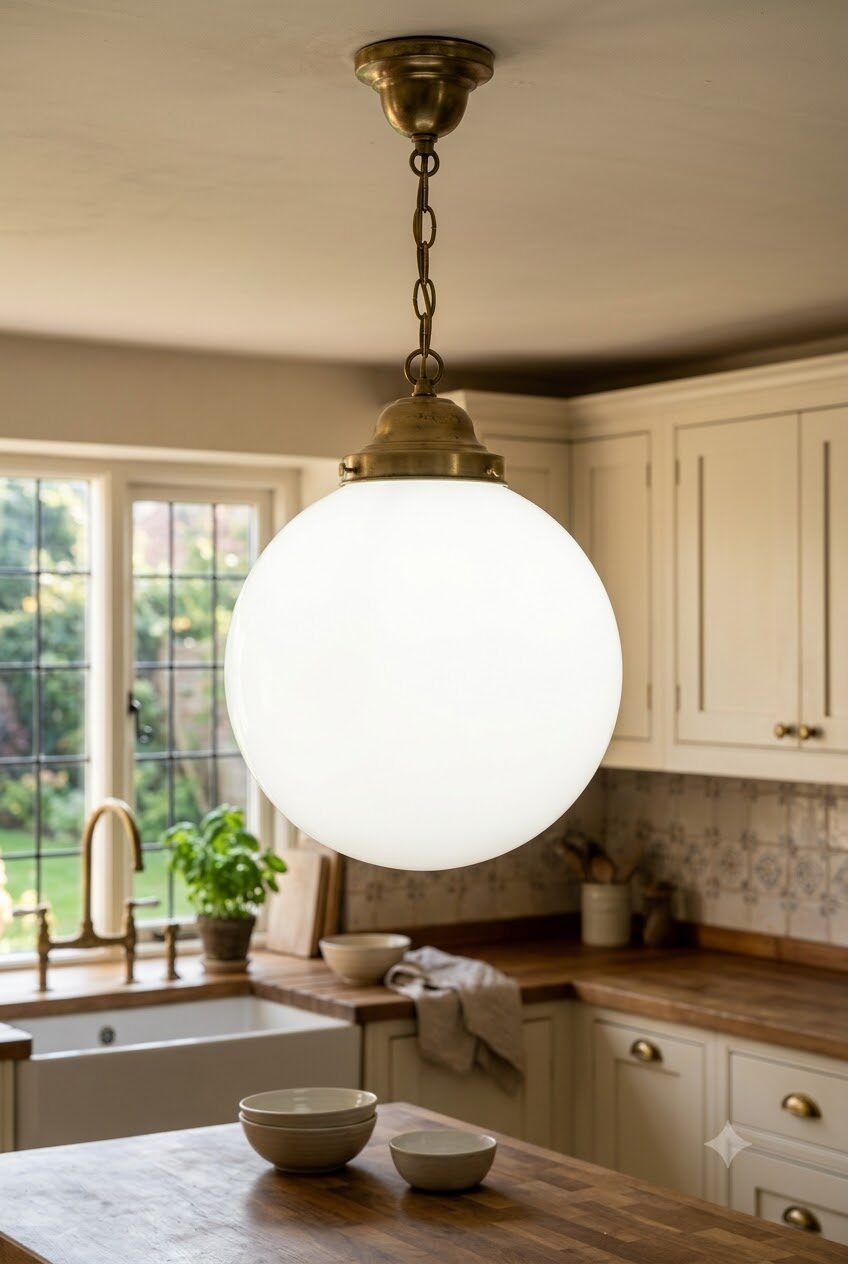 Round milk glass globe light fixture with antique brass hardware suspended above a wooden kitchen island.