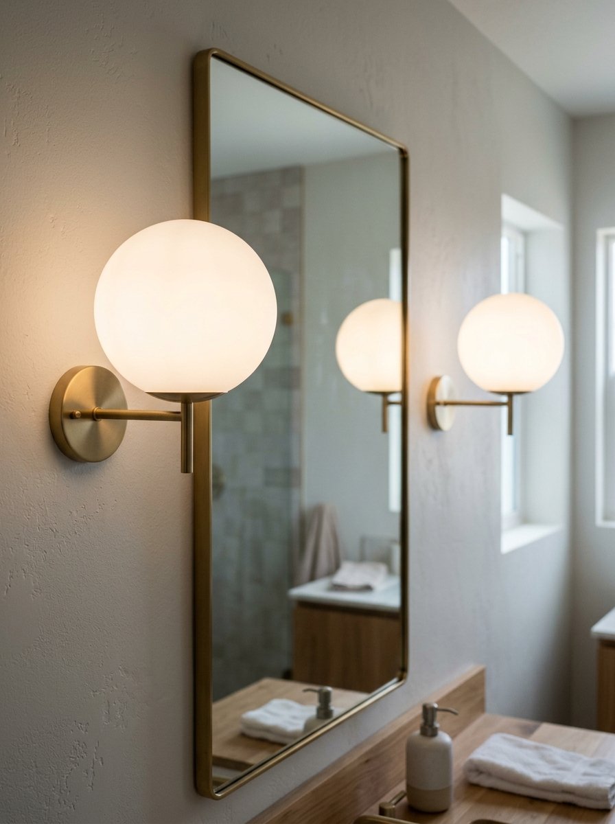 Close-up of circular glass globe lights with gold hardware mounted beside a mirror in a modern bathroom.