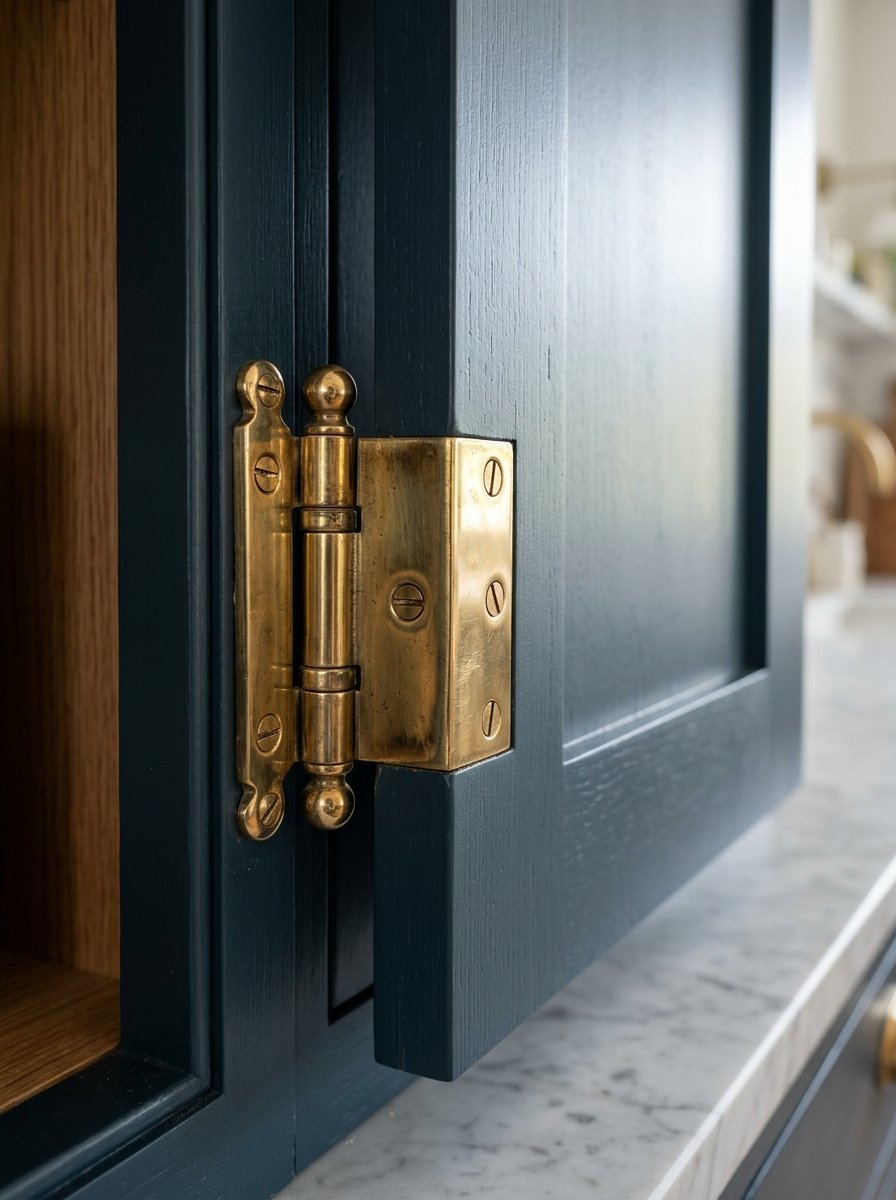 Close-up of a decorative metal hinge attached to dark blue wood cabinetry next to a marble countertop.