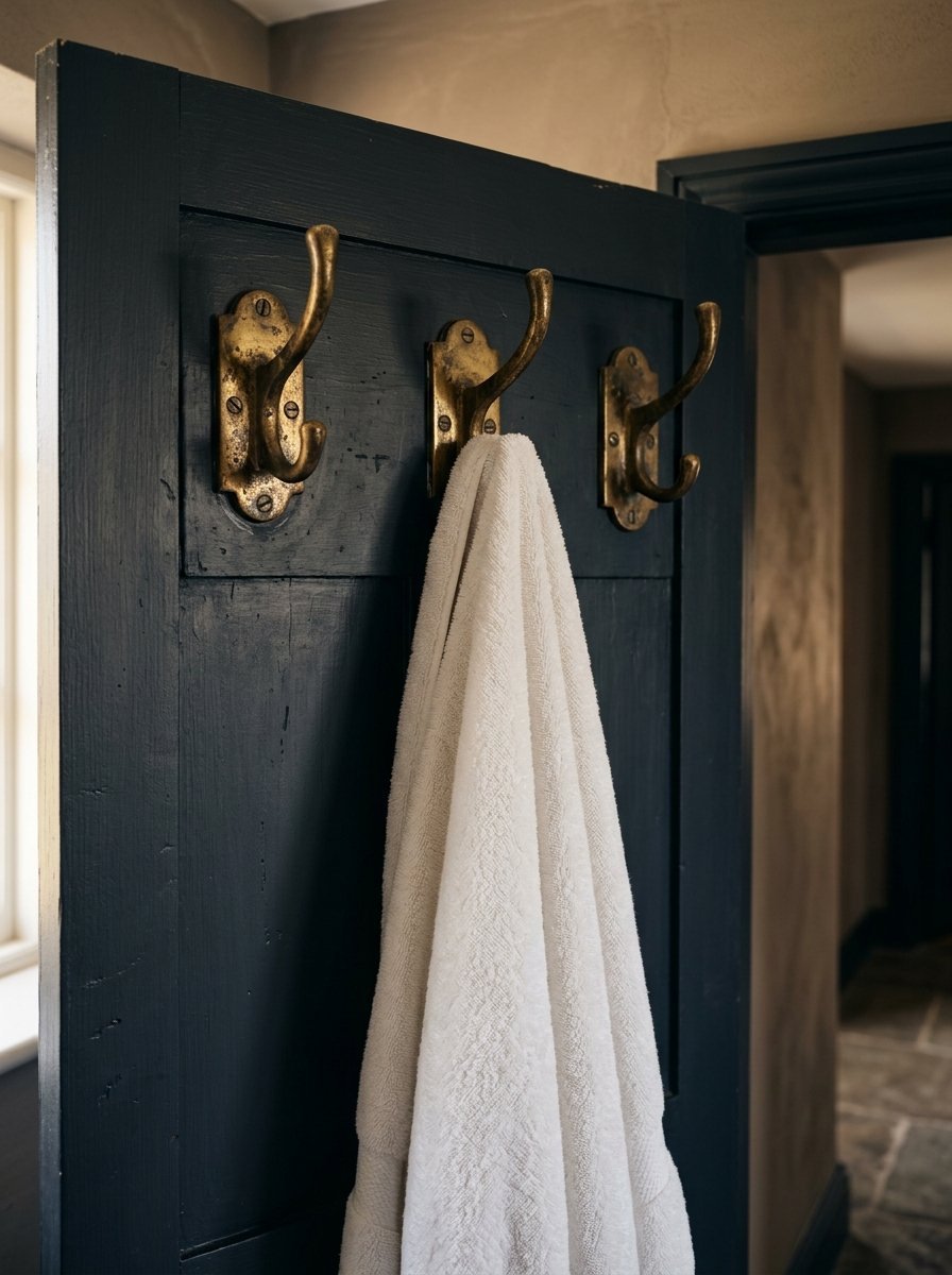 Close up of a plush white towel draped over a brass hook mounted on a dark navy blue wooden door.