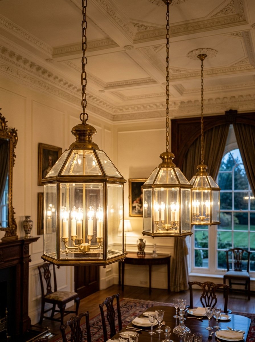 Decorative hanging brass lanterns with glass panels illuminate an elegant formal dining room interior.