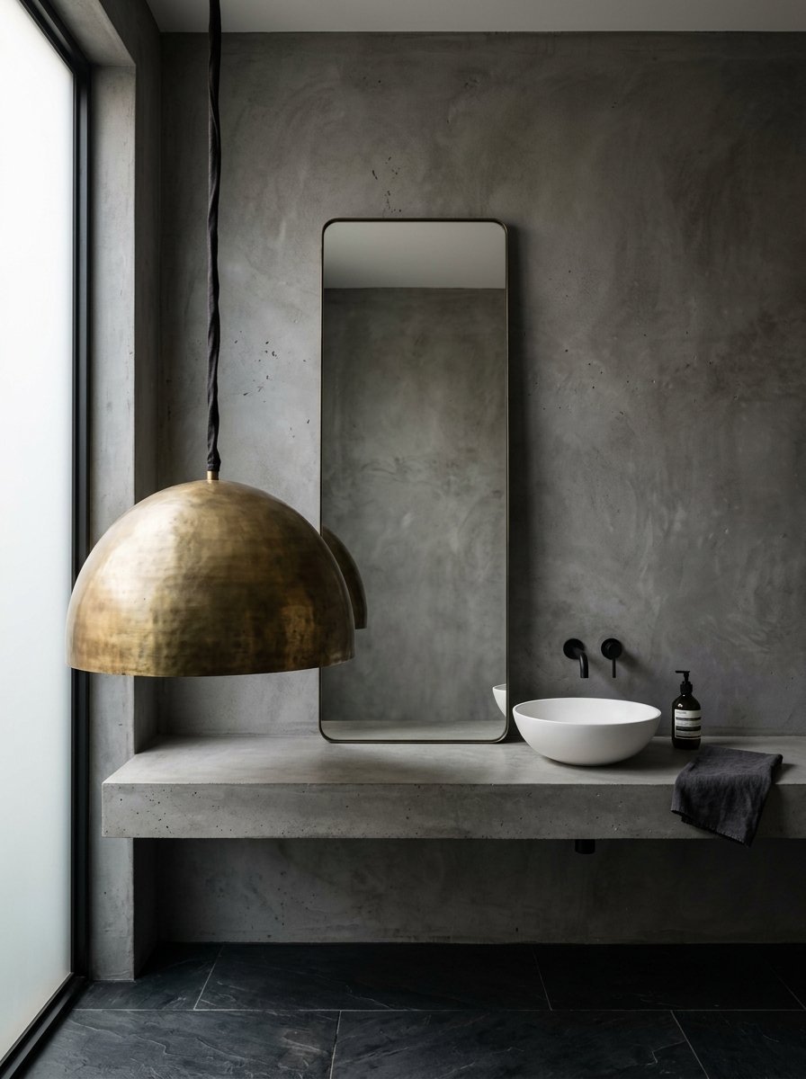 Minimalist bathroom featuring a floating concrete counter, round white basin, and large brass dome pendant light.