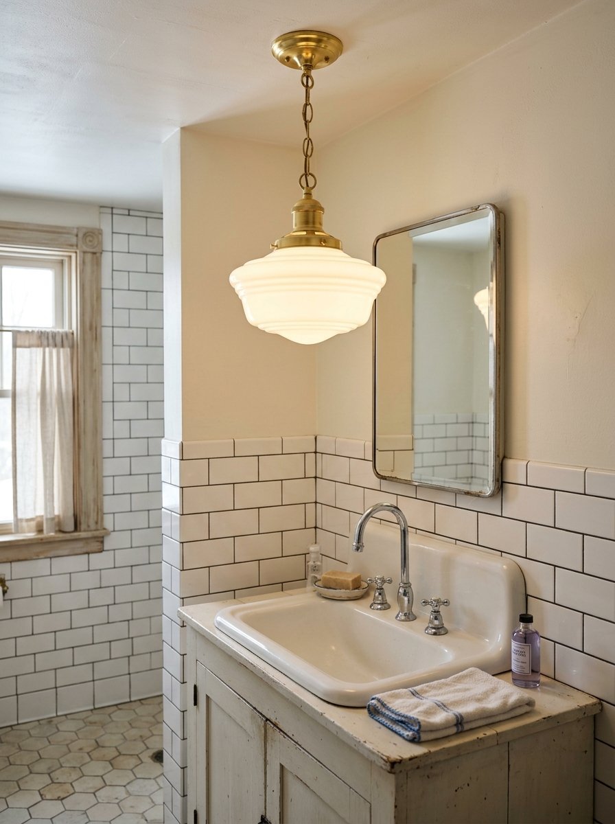A white sink with a chrome faucet set against a tiled wall with a brass schoolhouse pendant light hanging above.