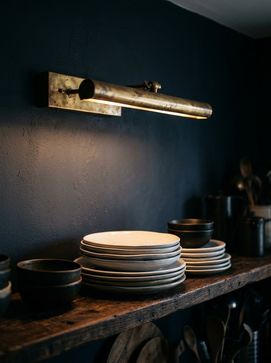 Stacks of ceramic plates and bowls sitting on a dark wooden shelf under a warm, glowing brass picture light.