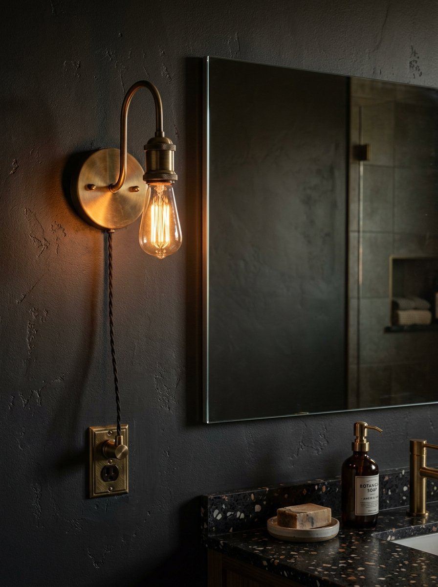 Antique brass wall sconce with an Edison bulb hanging over a textured dark gray wall and modern bathroom sink.
