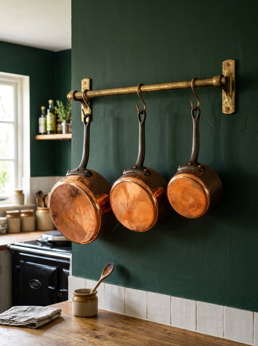 Three copper pots with metal handles suspended from a brass bar against a dark green kitchen wall.