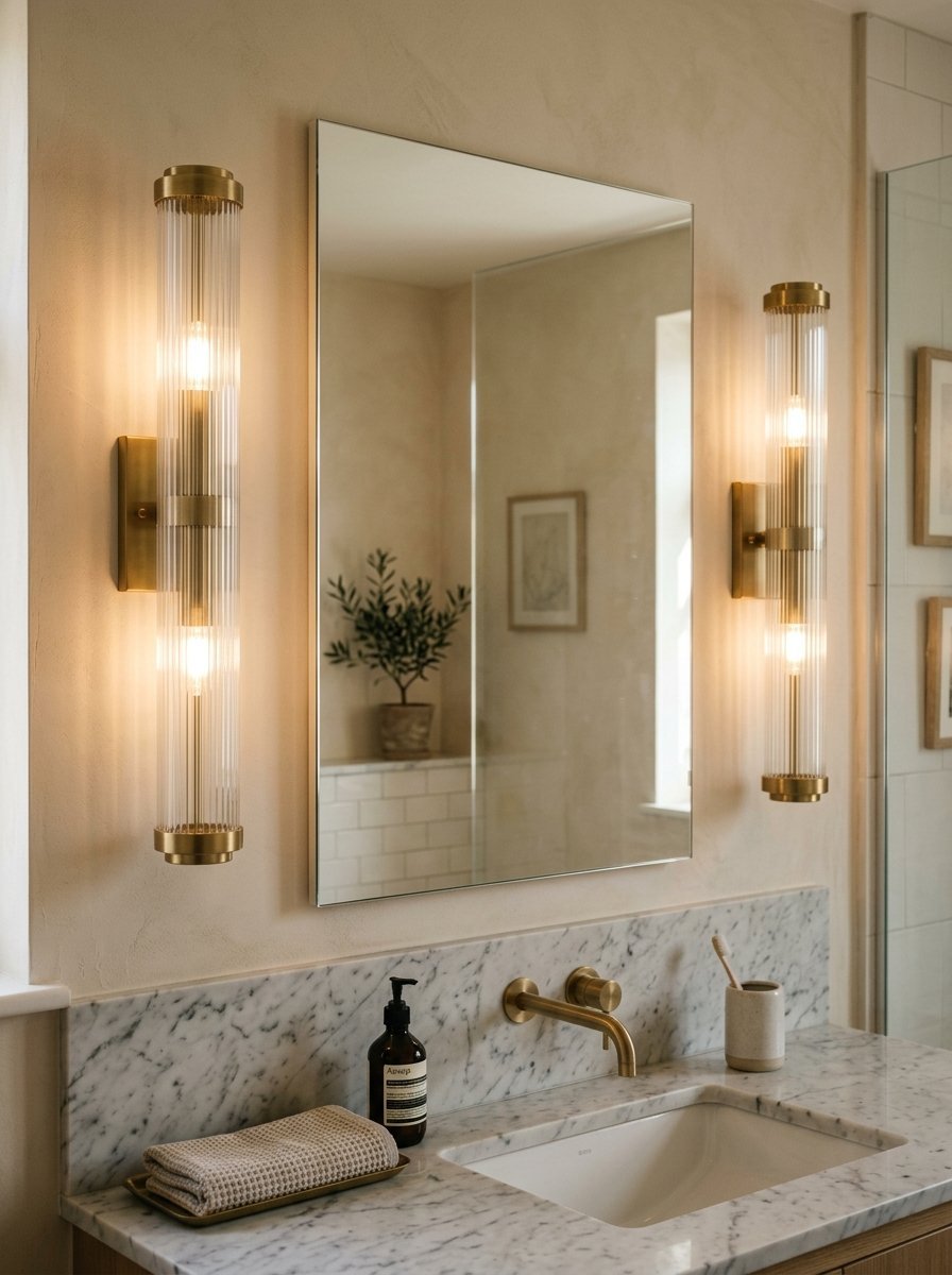 A bathroom vanity with a marble countertop, wall-mounted brass faucet, and two vertical glass ribbed light fixtures.