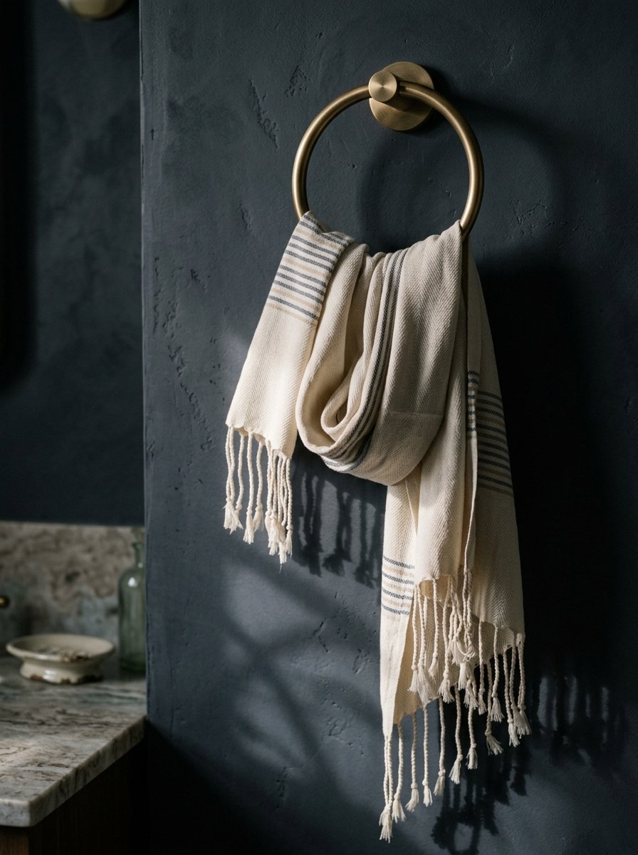 A beige herringbone towel with tassels hangs on a round gold wall hook against a dark textured wall.