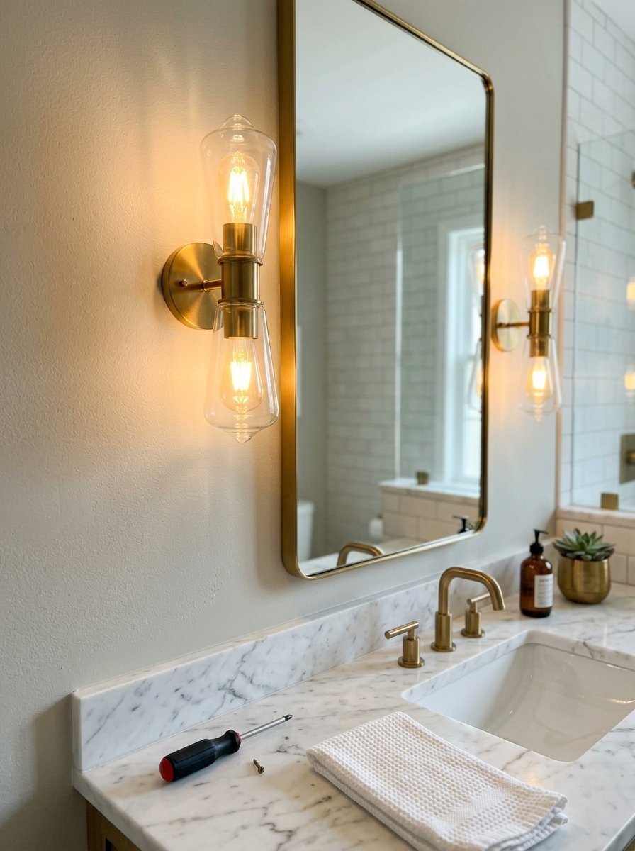 A screwdriver rests on a white marble bathroom countertop below lit brass light fixtures and a rectangular mirror.