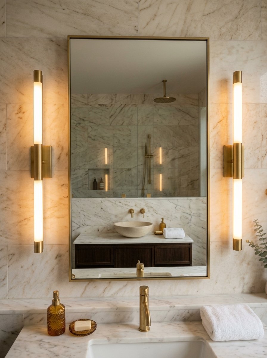 A rectangular mirror with a gold frame flanked by two vertical tube lights over a marble bathroom vanity counter.