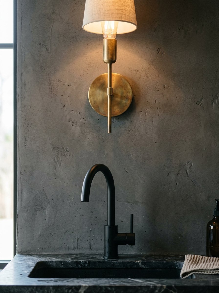 Modern brass sconce with fabric shade mounted over a dark faucet and stone countertop.