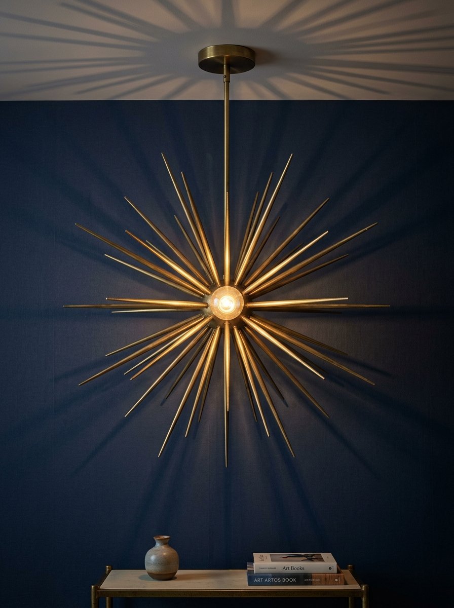 Modern metallic sunburst light fixture hanging above a narrow console table with books and a vase.