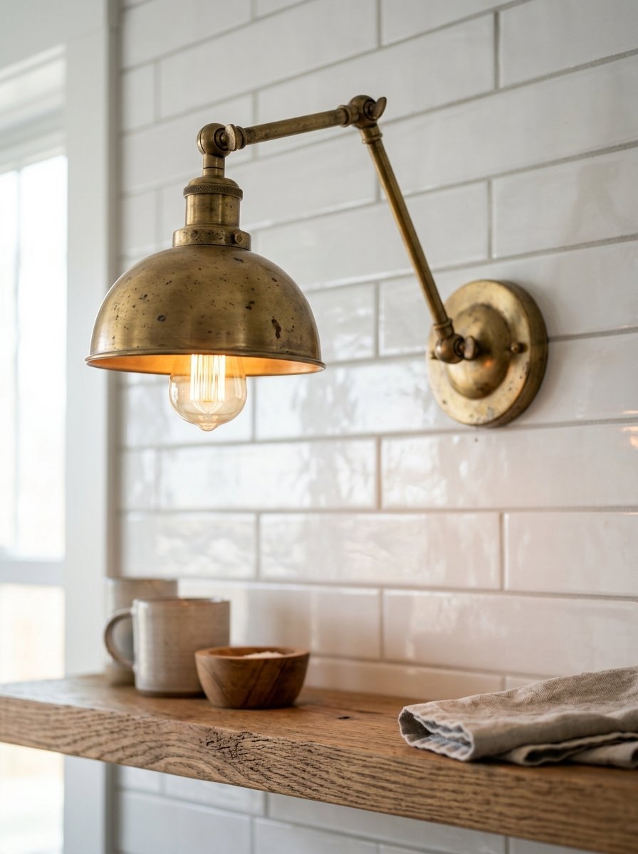 An antique brass wall-mounted light fixture with a glowing Edison bulb positioned over a reclaimed wood shelf.
