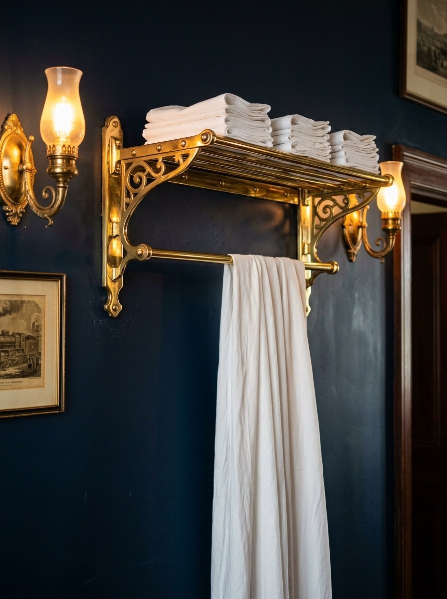 Ornate brass shelf holding stacked white towels above a hanging white cloth against a deep blue wall.