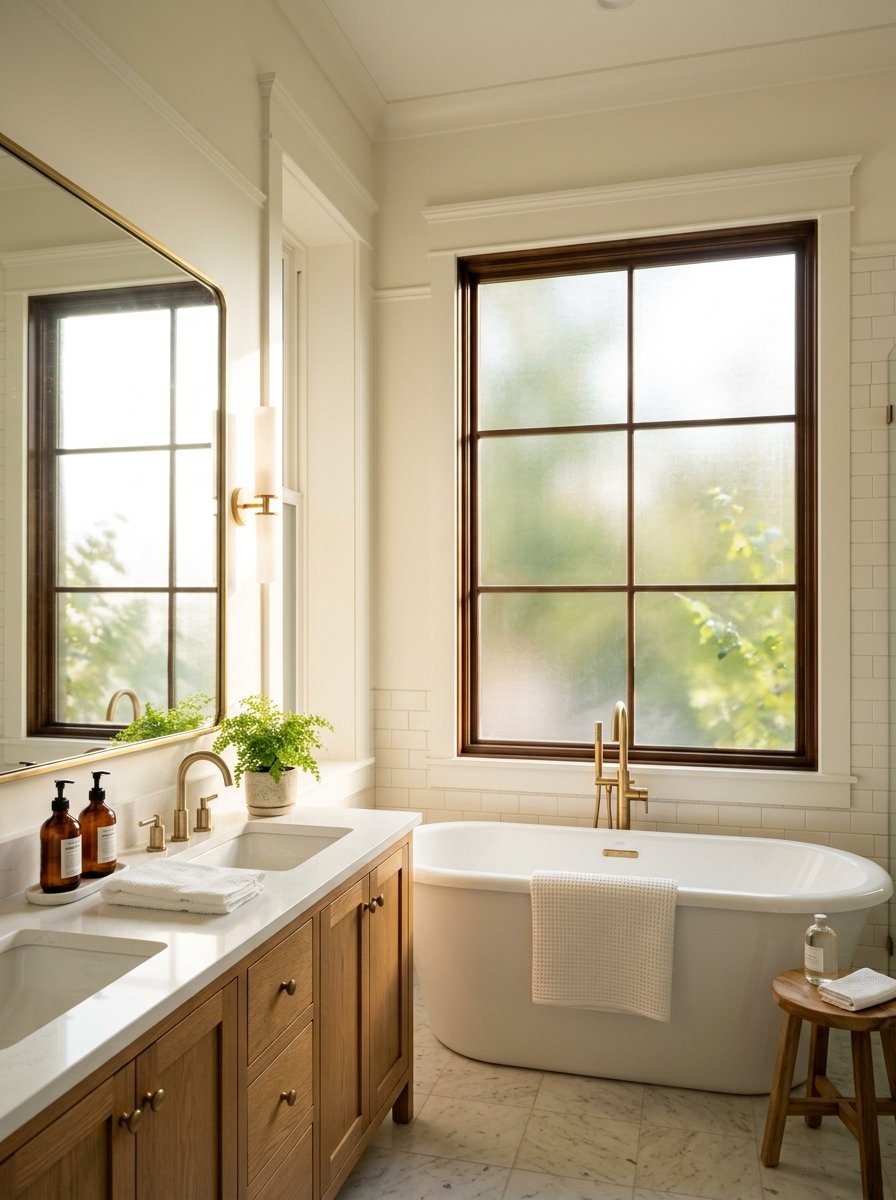 A serene bathroom featuring a warm oak vanity, marble flooring, and a modern white freestanding bathtub.