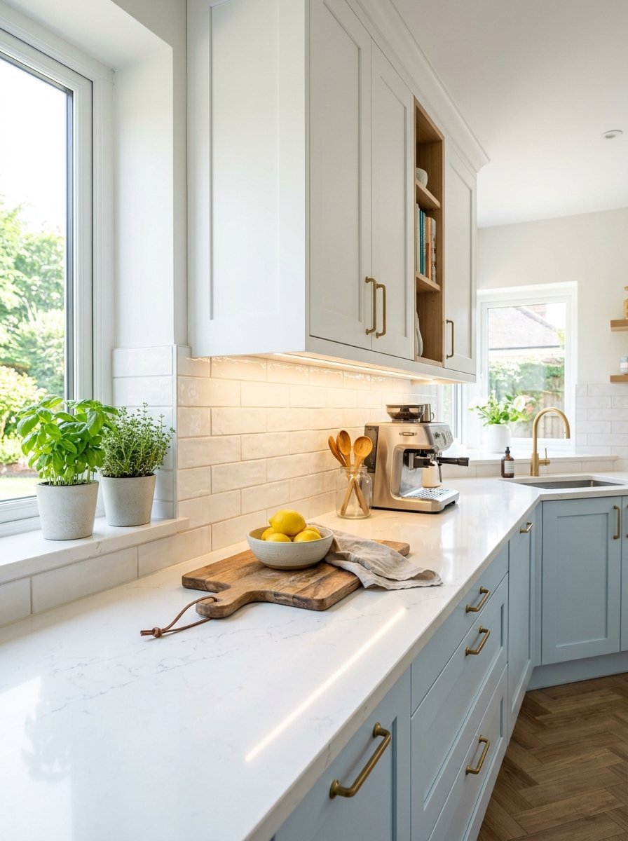 A kitchen counter with a wooden cutting board, lemons, a coffee machine, and potted plants by a bright window.