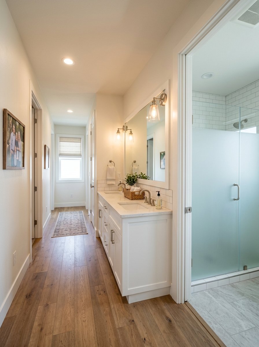 Bright bathroom interior featuring a white vanity cabinet, wood floors, and a frosted glass shower door.