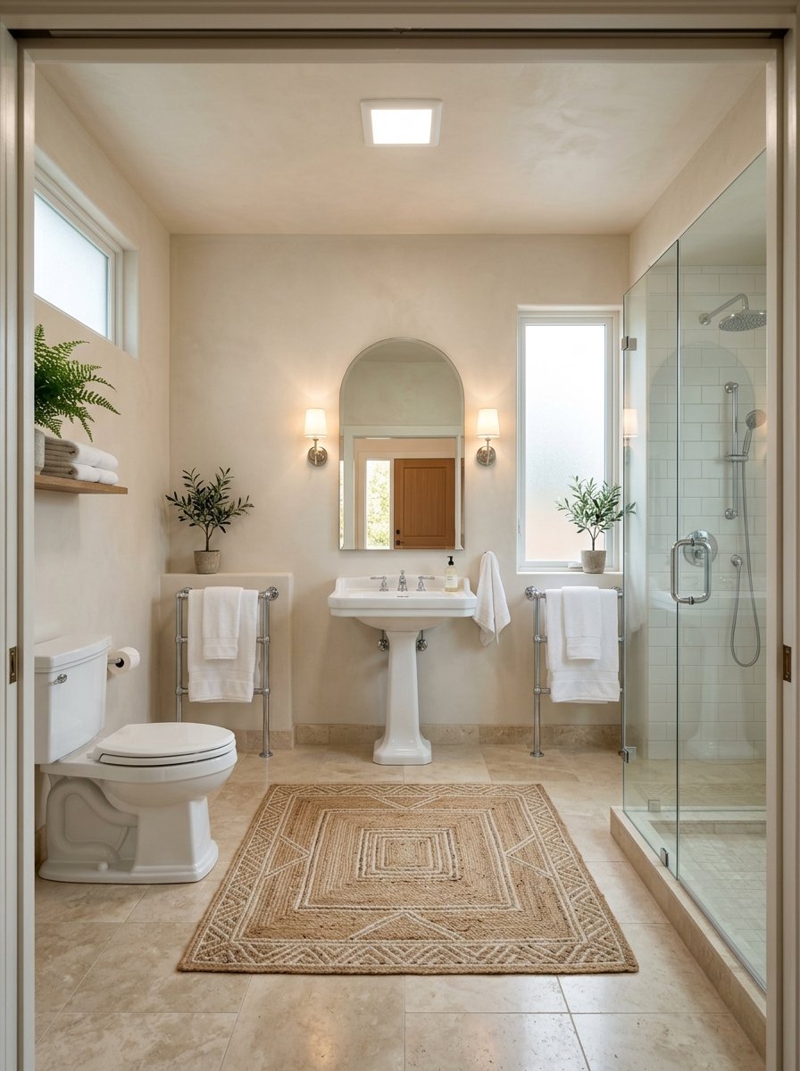 Modern bathroom with beige walls, a pedestal sink, walk-in glass shower, and a decorative woven floor rug.