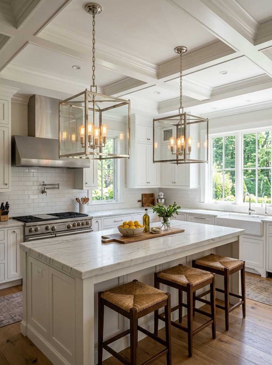 A kitchen island with a marble countertop, three woven stools, and metal pendant lights hanging from a coffered ceiling.