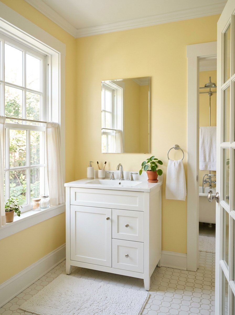 A white vanity sink sits against a buttery yellow wall in a bathroom with a window and tiled floor.