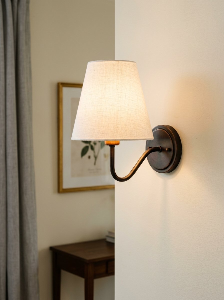 A lit wall-mounted lamp with a bronze finish and off-white tapered shade installed on a beige wall.