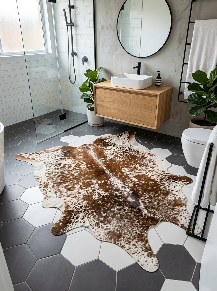 A spotted cowhide rug sits on a grey and white hexagonal tile floor in a modern bathroom.