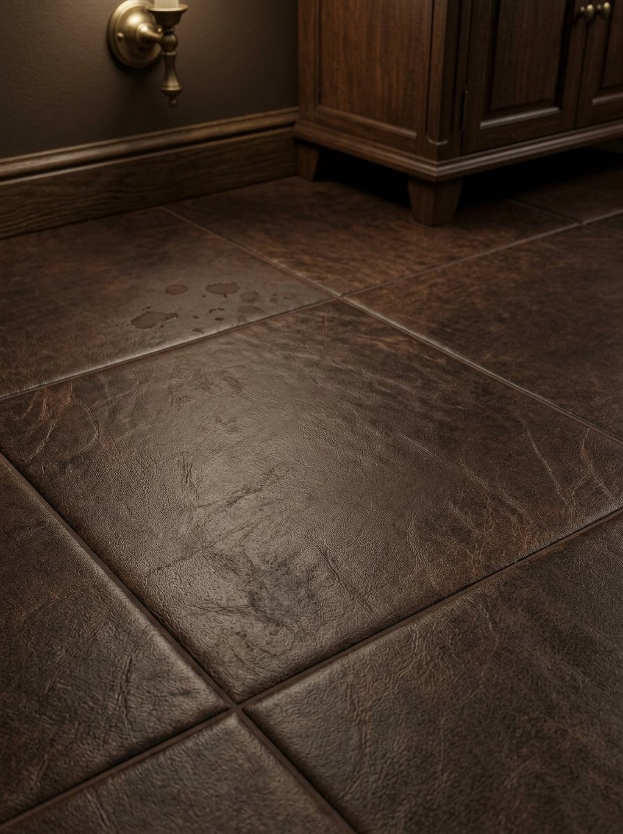 Square dark brown tiles with a detailed leather-like texture laid on a floor near a wooden cabinet.