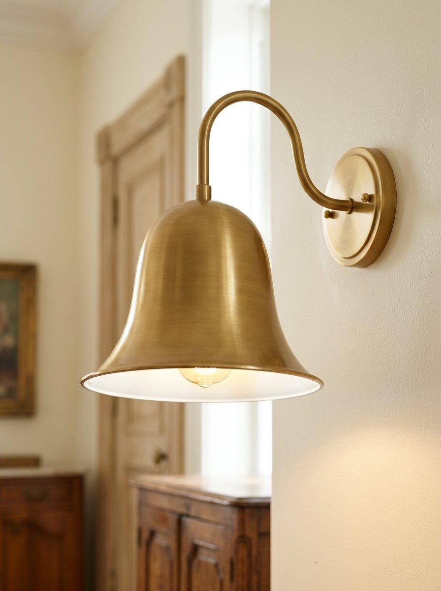 Close up of a metallic gold bell-shaped wall light fixture mounted on a light-colored interior wall.