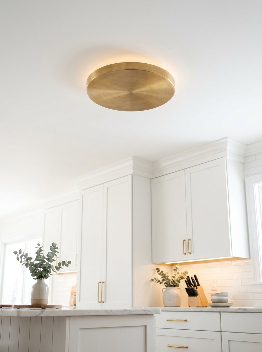 A circular brushed brass flush mount light fixture glowing against a bright white ceiling in a kitchen.