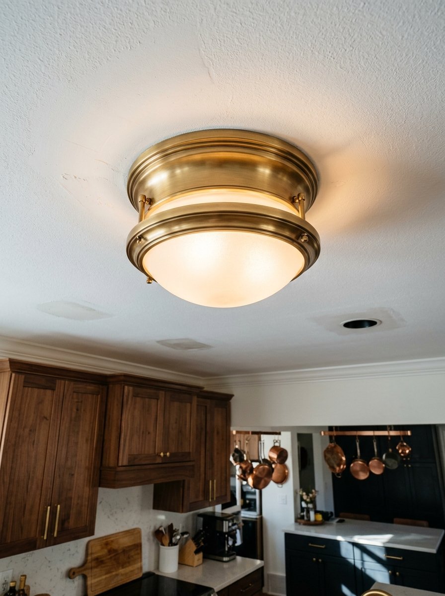 Round frosted glass ceiling lamp with metallic brass frame mounted on a white kitchen ceiling.