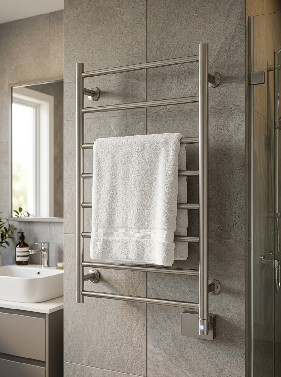 White towel hanging on a wall-mounted heated rack in a modern bathroom with tile walls.