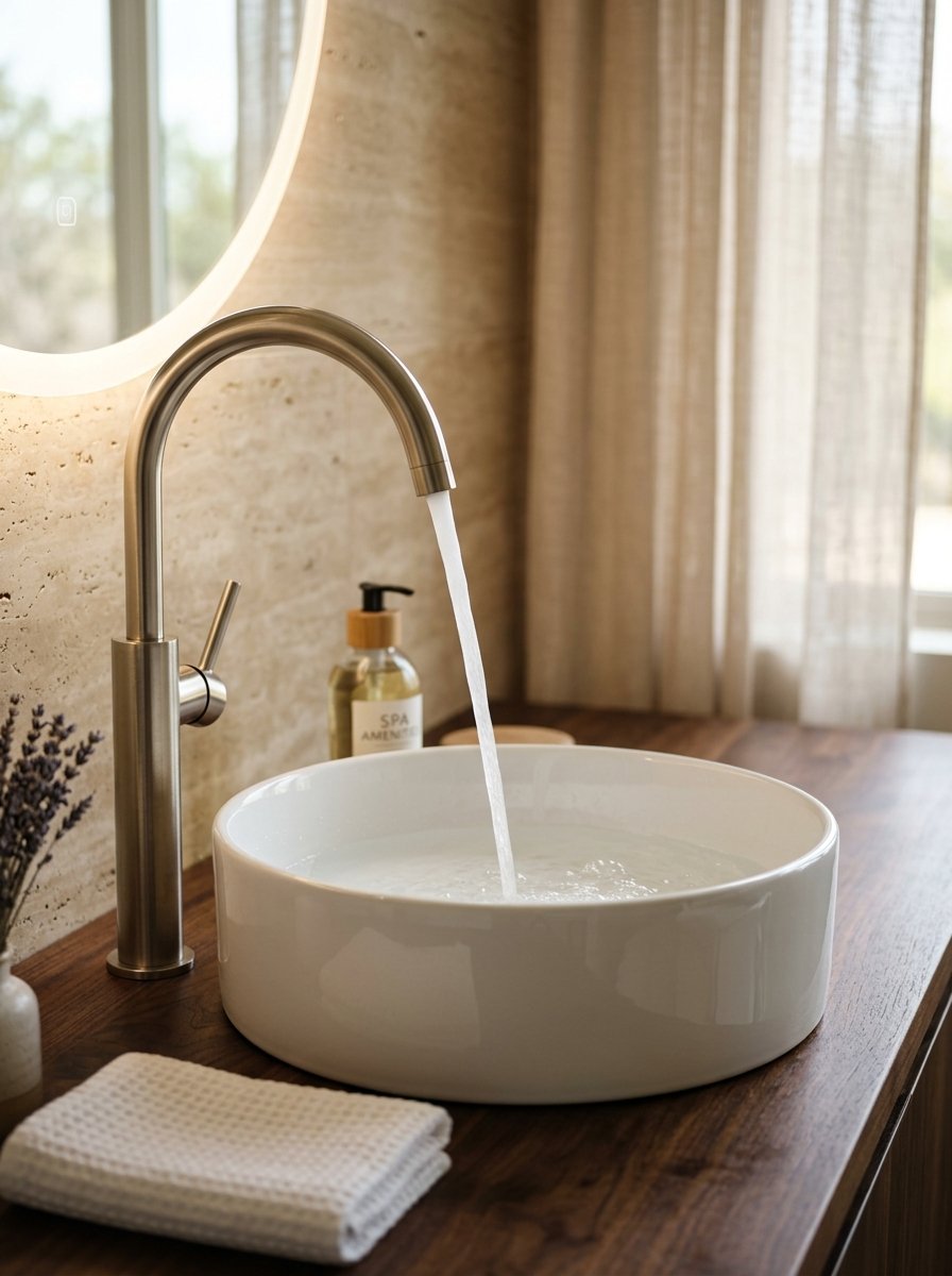 Water flows from a tall metal faucet into a white ceramic basin set on a dark wood countertop.