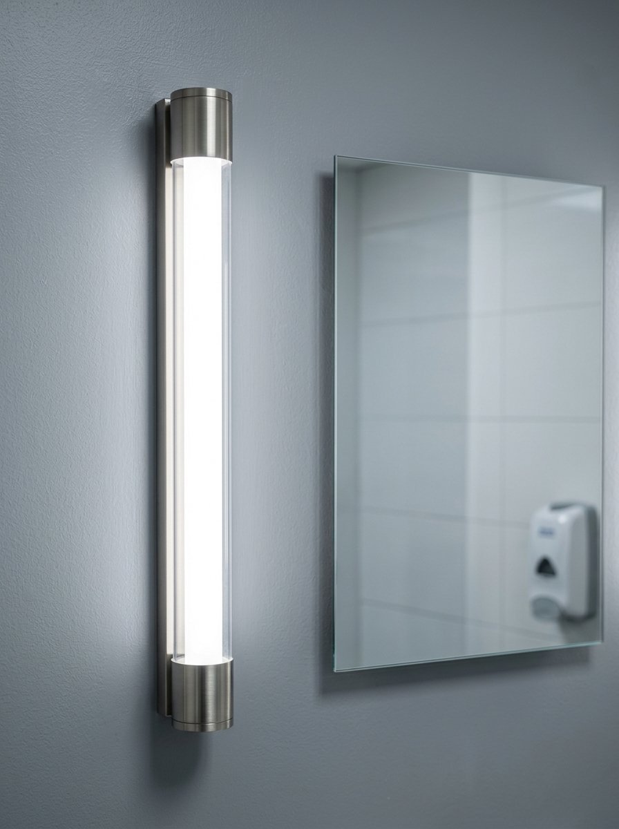 A modern vertical cylindrical lamp fixture glowing next to a square wall mirror.