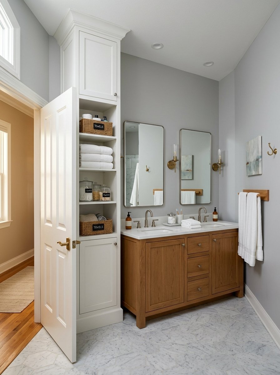 Tall white linen tower next to a double sink wooden bathroom vanity with marble tile flooring.