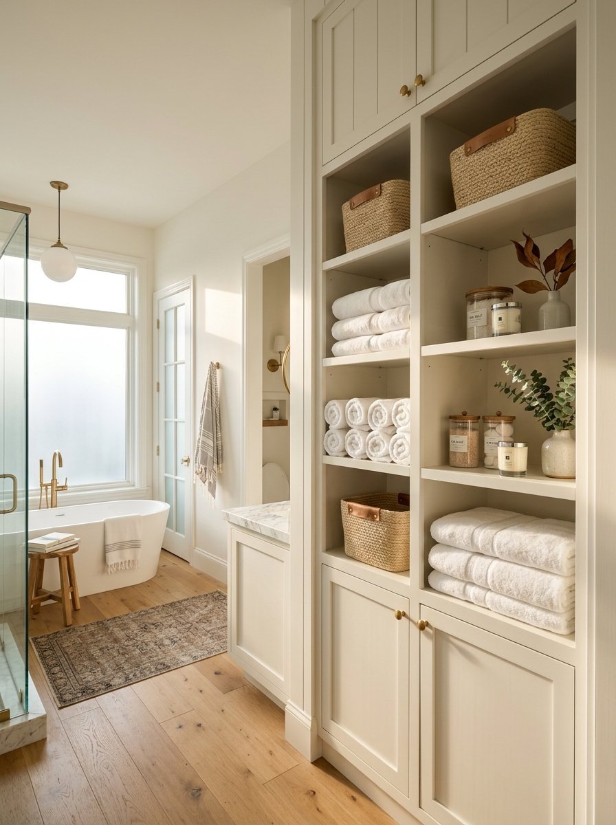 Tall off-white built-in shelving unit filled with neatly folded white towels, seagrass baskets, and small decor items.
