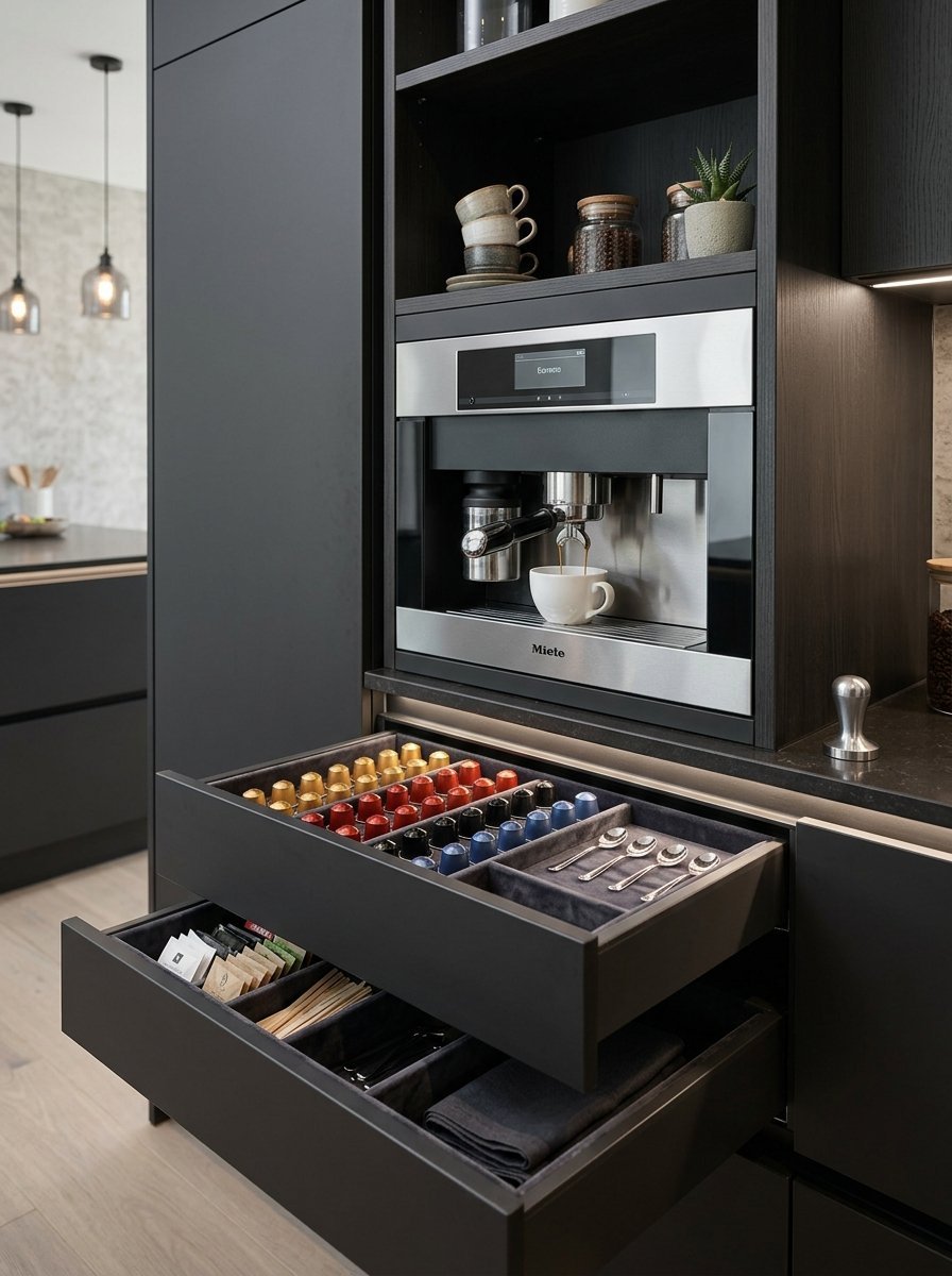 A Miele espresso machine brewing coffee above open drawers filled with coffee capsules and silverware.