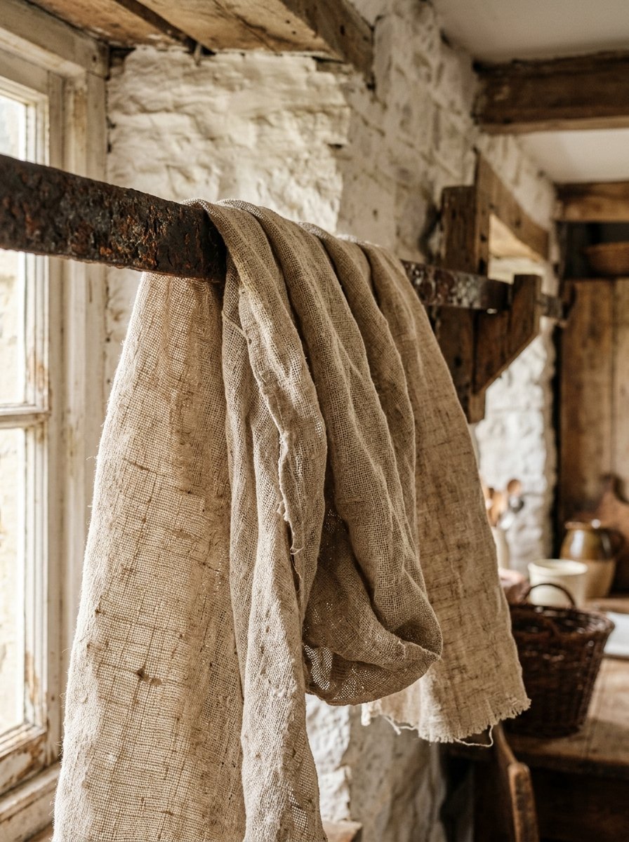 Close up of coarse beige linen hanging over a rusty iron rail in a stone wall cottage interior.
