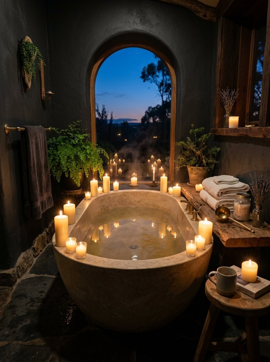 A round stone bathtub filled with water and surrounded by many glowing pillar candles in a dark, atmospheric bathroom.