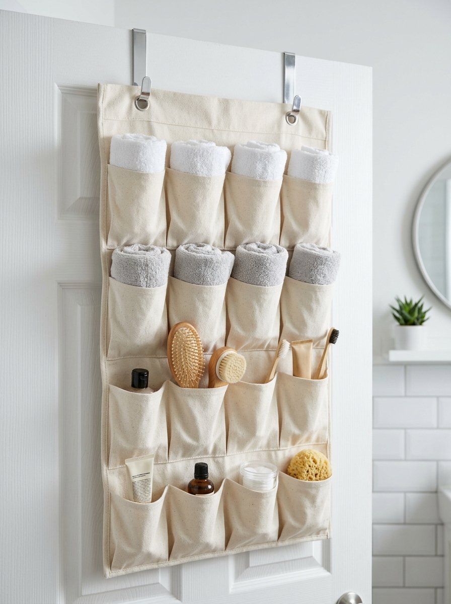 Beige canvas pocket organizer hanging on a white bathroom door holding rolled towels and various toiletries.